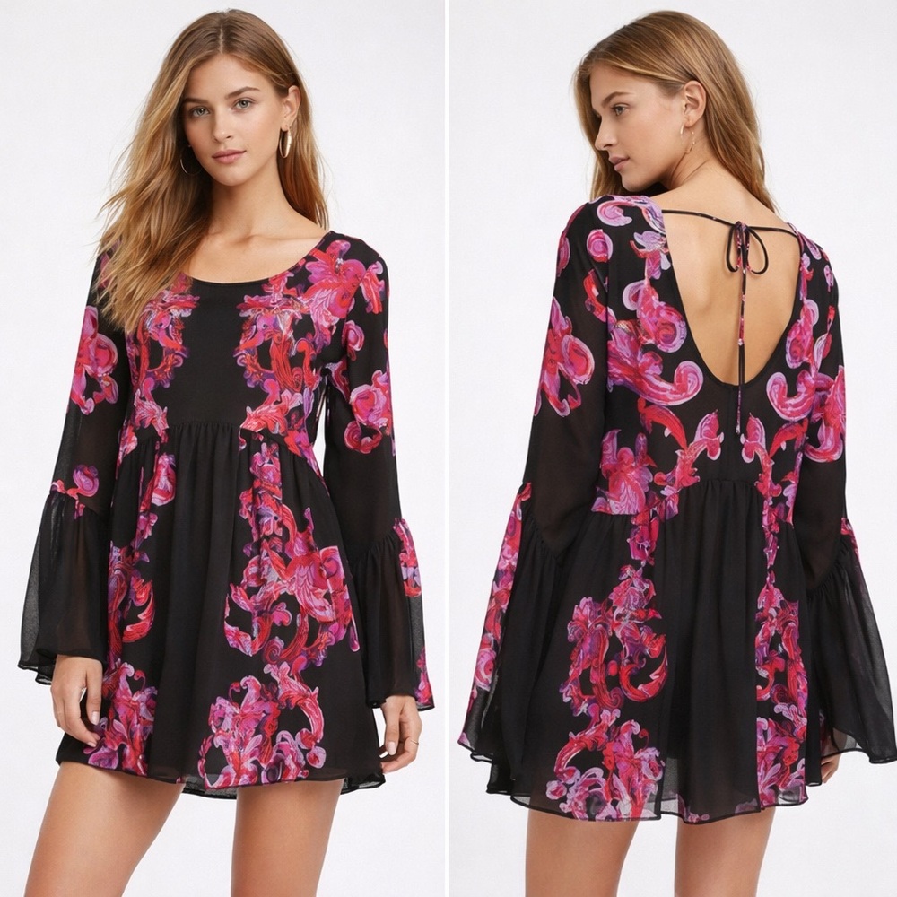 Free People Intimately Black Floral Tunic Dress Sz.XS